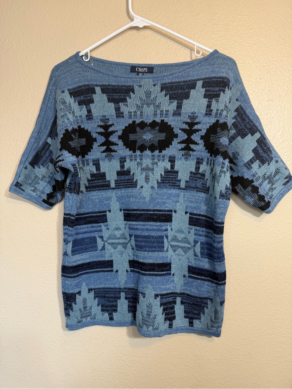 Chaps Blue Aztec Knit Boat Neck shortsleeved knit sweater L. New